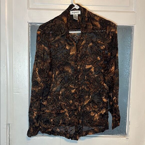 Easyspirit Women’s Brown Sheer Abstract Casual Button Down Blouse Shirt Size M - Picture 1 of 5